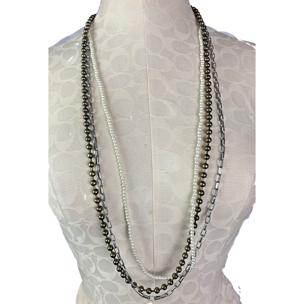 Chico's 42" Necklace Multistrand Faux Pearl Link Chain Silvertone and Goldtone